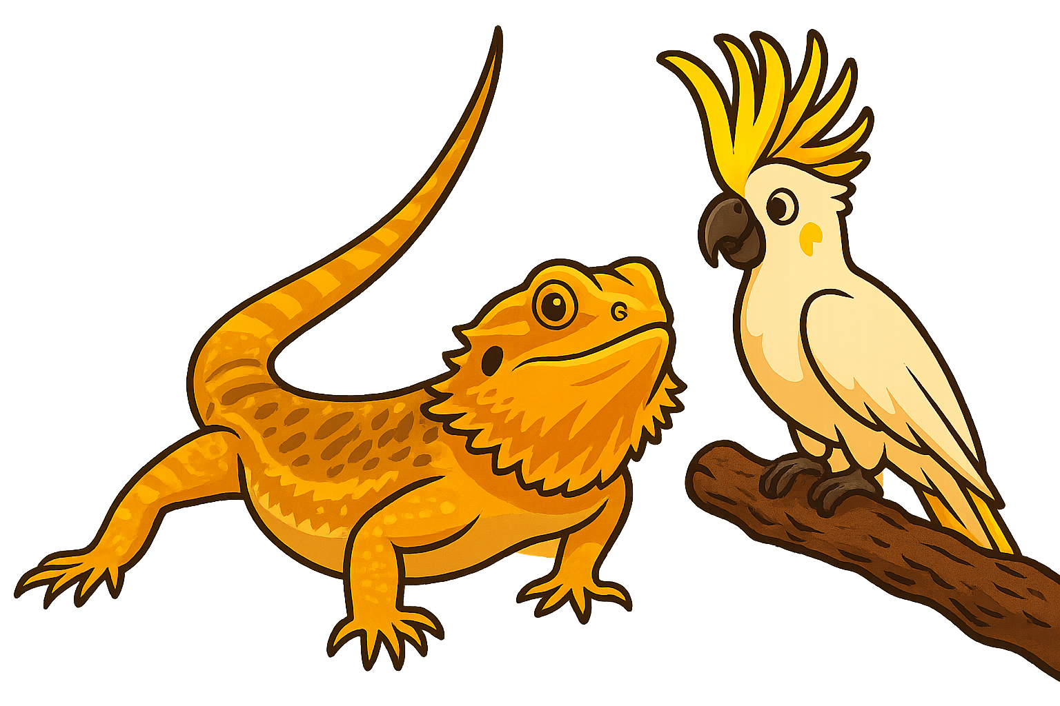 Cartoon bearded dragon and cockatoo